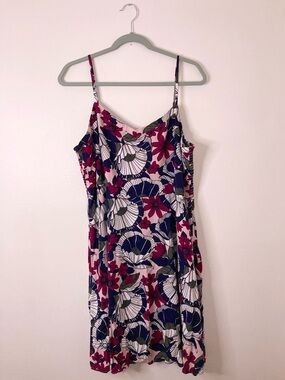 LOFT Navy Blue Pink Floral Tropical Poppy Art Cami Slip Sundress 16 EUC Y2K